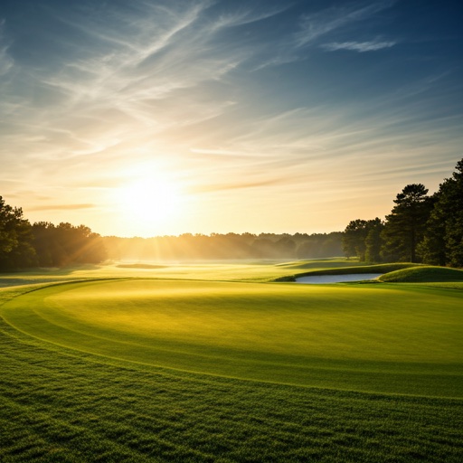A pristine golf course fairway at dawn